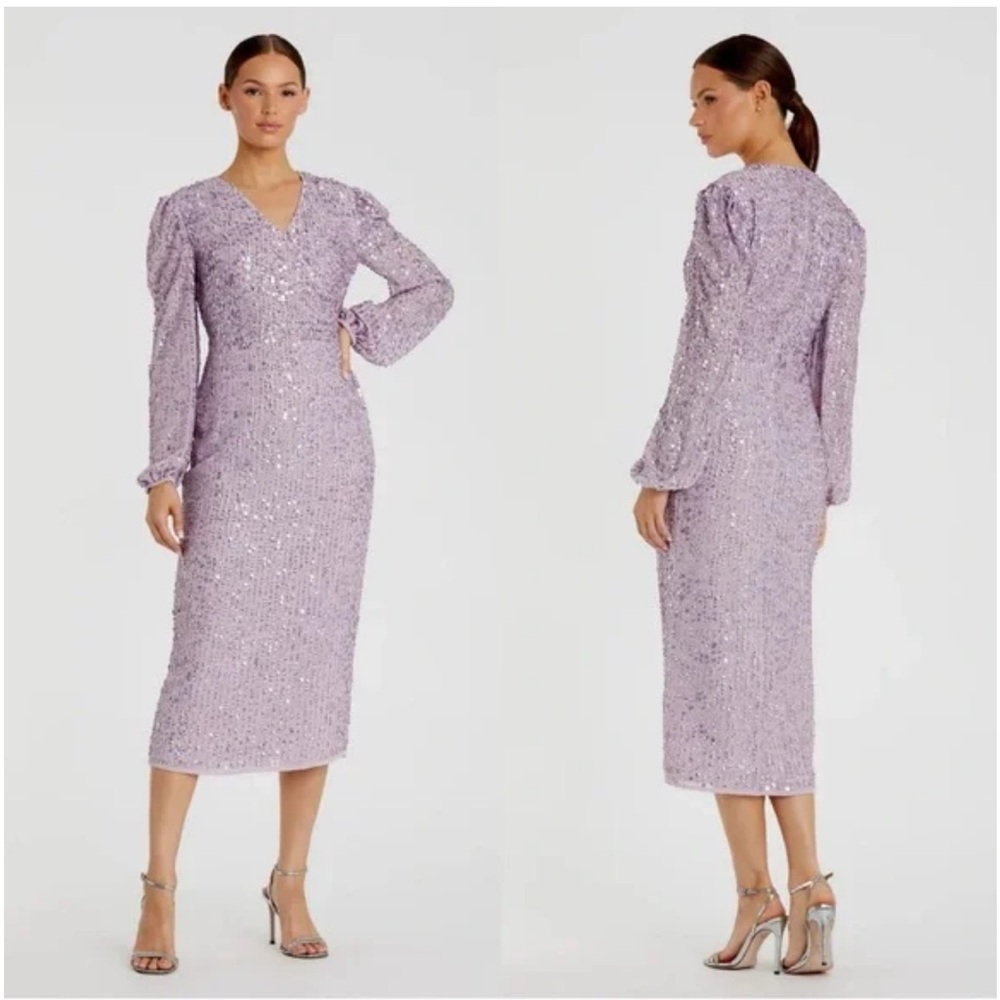 New Mac Duggal 107641 Sequin V-Neck Long Sleeve Midi Dress Lavender Lilac Size 6